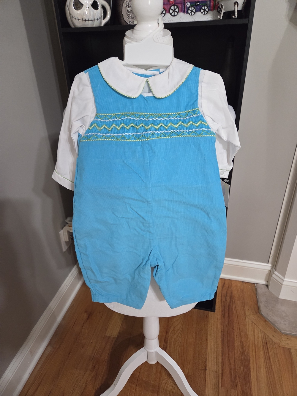 Petit Ami Turquoise Blue Smocked Shortall with White Shirt